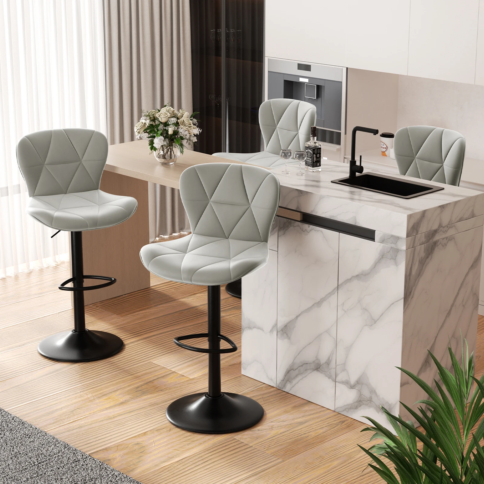 Modern Bar Stool 2-Piece Set, Adjustable Artificial Leather Cushioned Rotating Bar Stool with Backrest, Height for Kitchen Island
