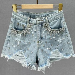 Ripped denim shorts women's 2022 new summer high-waisted diamond wide-leg short pants