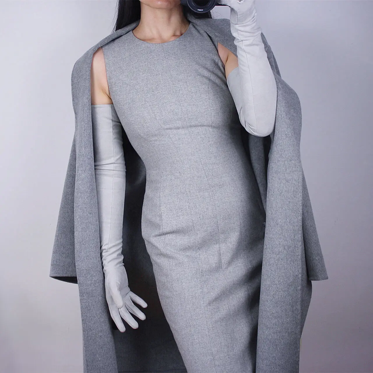 Extra Long Silver Gray Faux Leather Suede Gloves - 28 Elegant Evening Wear