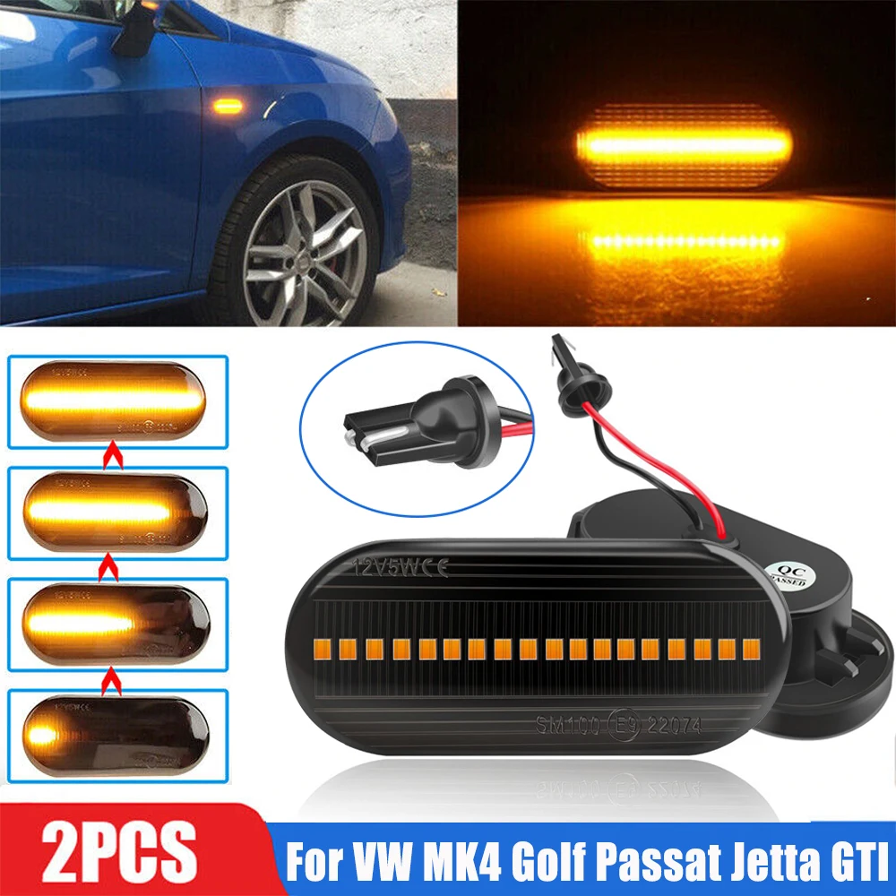 

2X Sequential LED Side Marker Lights Car Smoked Dynamic FlowingTurn Signal Lamp for Volkswagen VW Golf 4 MK4 Passat 3B Polo Ford