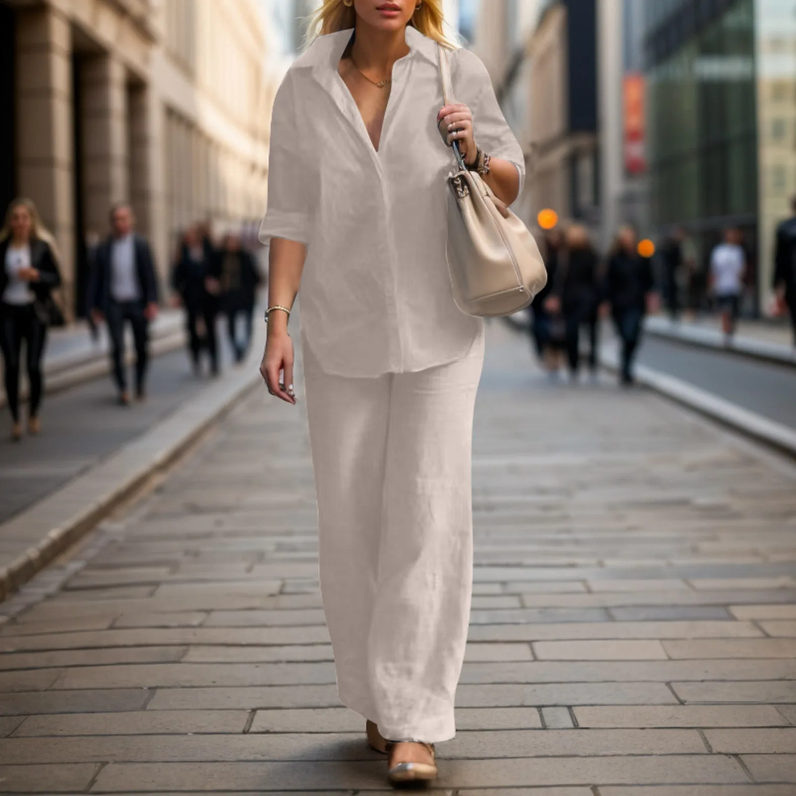 Women Cotton Linen Pants Suit Long Sleeve Shirt Casual Wide-leg Pants Set Outfits Female Casual Elegant Gym 2 Piece Pants Suit