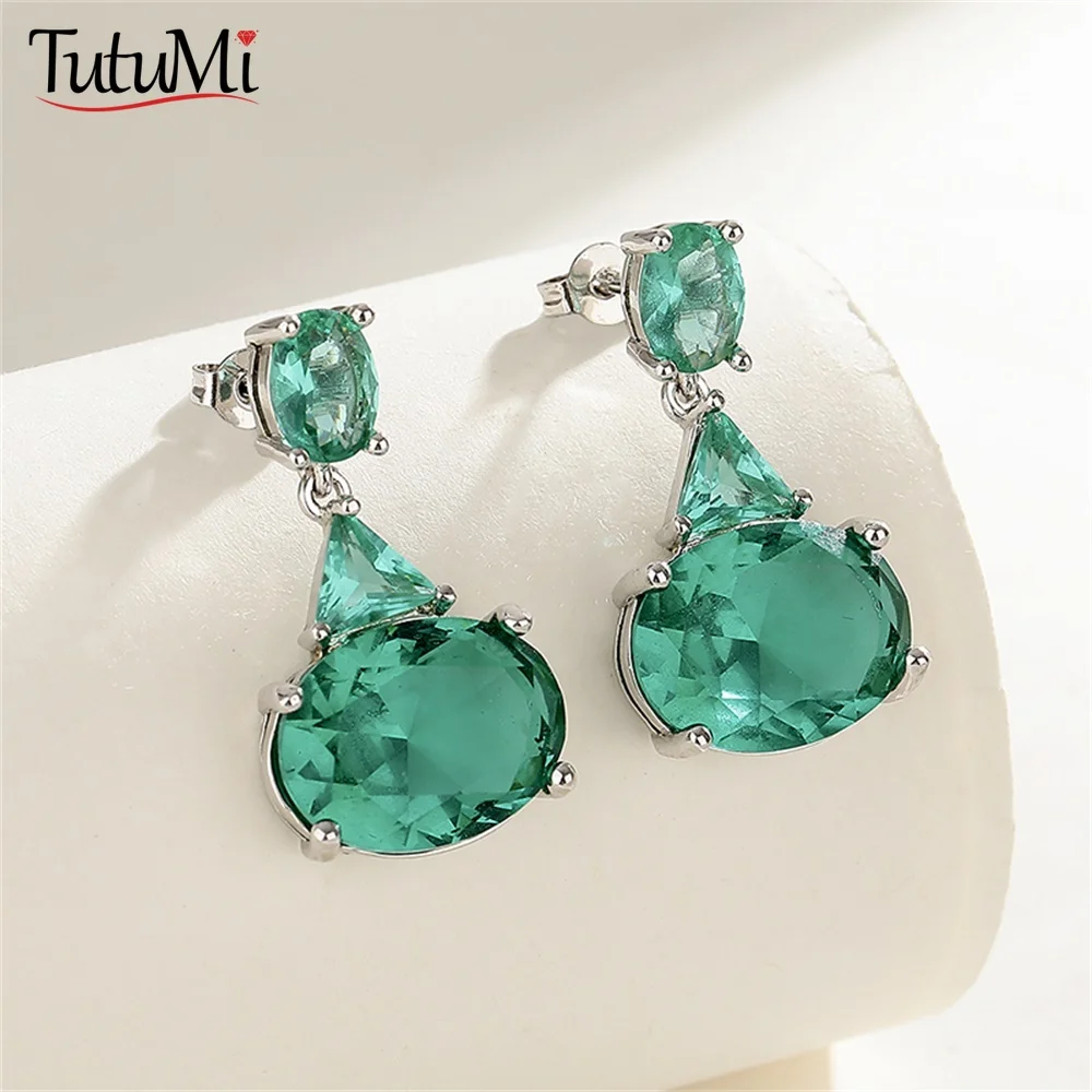 

S925 Silver Vintage Green Cubic Zirconia Dangle Earrings for Lady Temperament Elegant Women Accessories Wedding Trend Jewelry