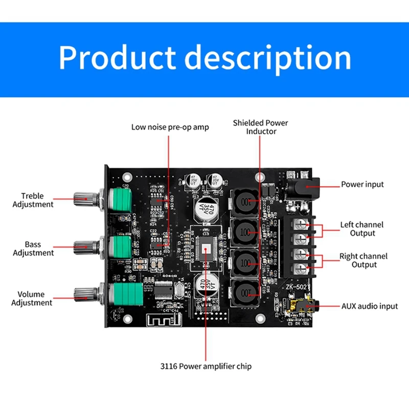 ZK-502T Audio Module Bluetooth 5.0 Audio Module 50Wx2 Wireless Power Digital AUX Amp Bass&Treble