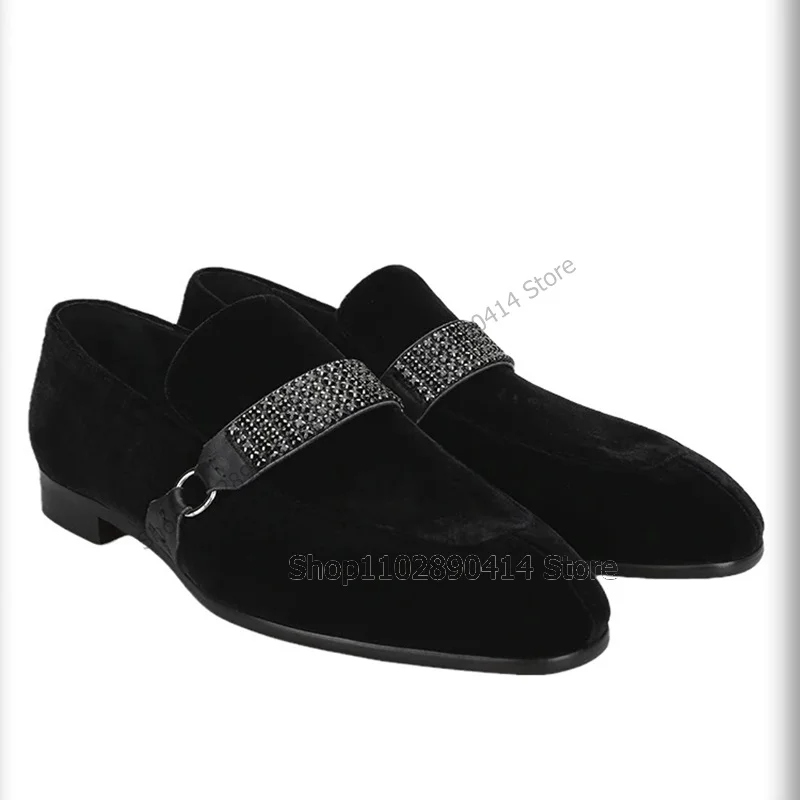 

Rhinestone Decor Black Flock Square Toe Loafers Fashion Slip On Men Shoes Luxury Handmade Party Banquet Office Men Dress Shoes