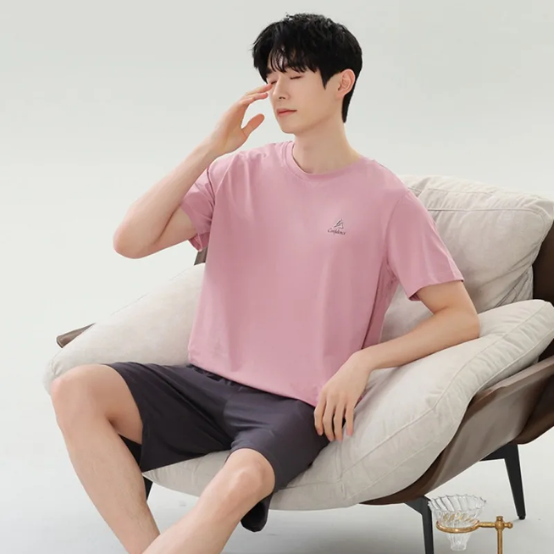 Men Summer Pajamas Pullover Short Sleeves Tops Shorts Sleepwear