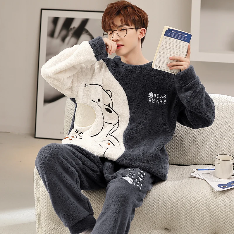 2 Pieces Set Winter Warm Homewear For Male Flannel Pajamas Set Young Men Casual Loungewear