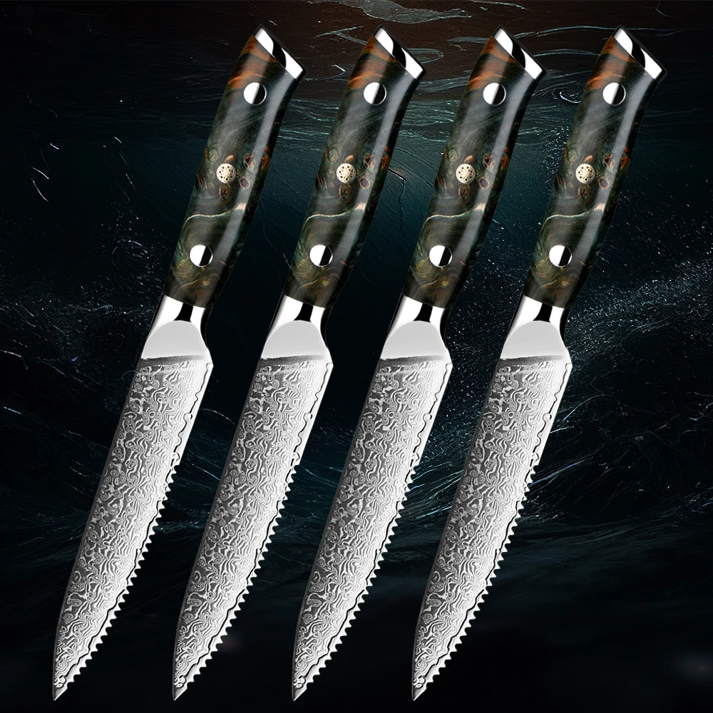 Coltello Da Cucina Ultra Affilato Da 5 Pollici In Acciaio Damasco Premium 1-4 Pezzi Coltello Da Bistecca Lama A Bordo Dritto Coltello Da Bistecca Con 
