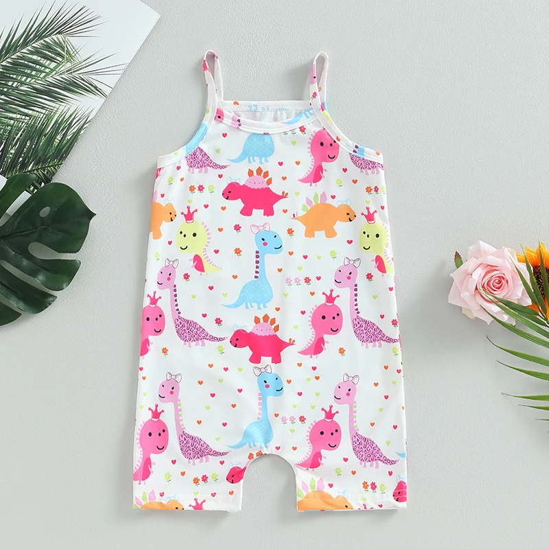

2-7 Years Kid Girls Jumpsuit Spaghetti Straps Cartoon Giraffe/Dinosaur Print Romper 2023 Summer New Children Clothes for Party