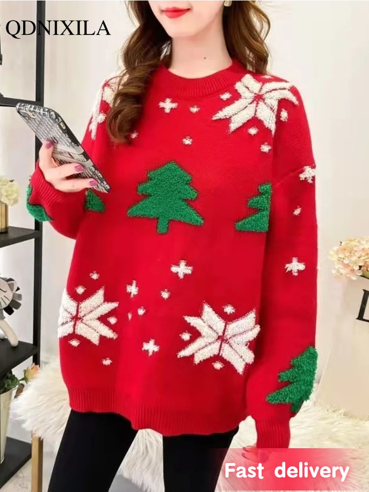 

Autumn Winter 2023 New Christmas Women's Sweater Round Neck Loose Korean Fashion Woman Pullovers Ladies Jumper Knitwear Tops