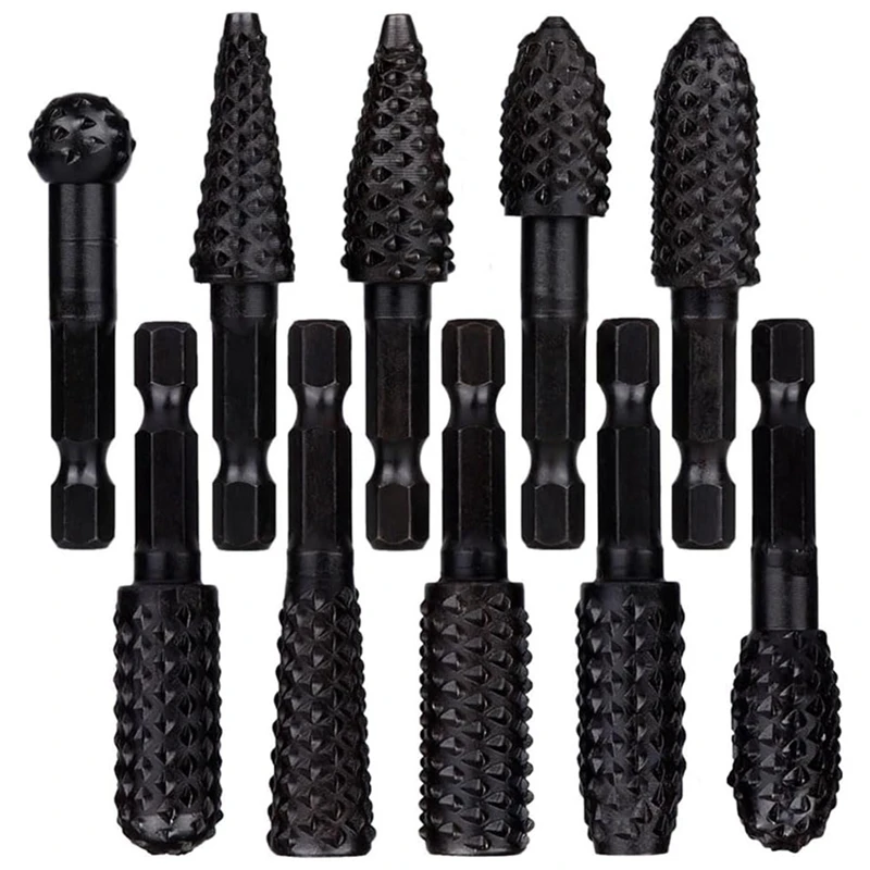 

10Pcs Rotary Rasp File Set 1/4 Inch Hex Shank Rotary Burrs For Wood Carving Easy Install