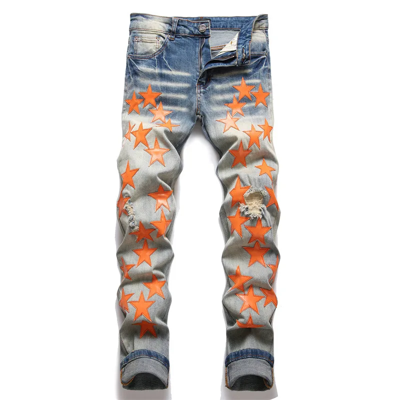 

Men Orange Stars Leather Patches Stretch Denim Jeans Streetwear Holes Ripped Tapered Pants Vintage Distressed Blue Trousers