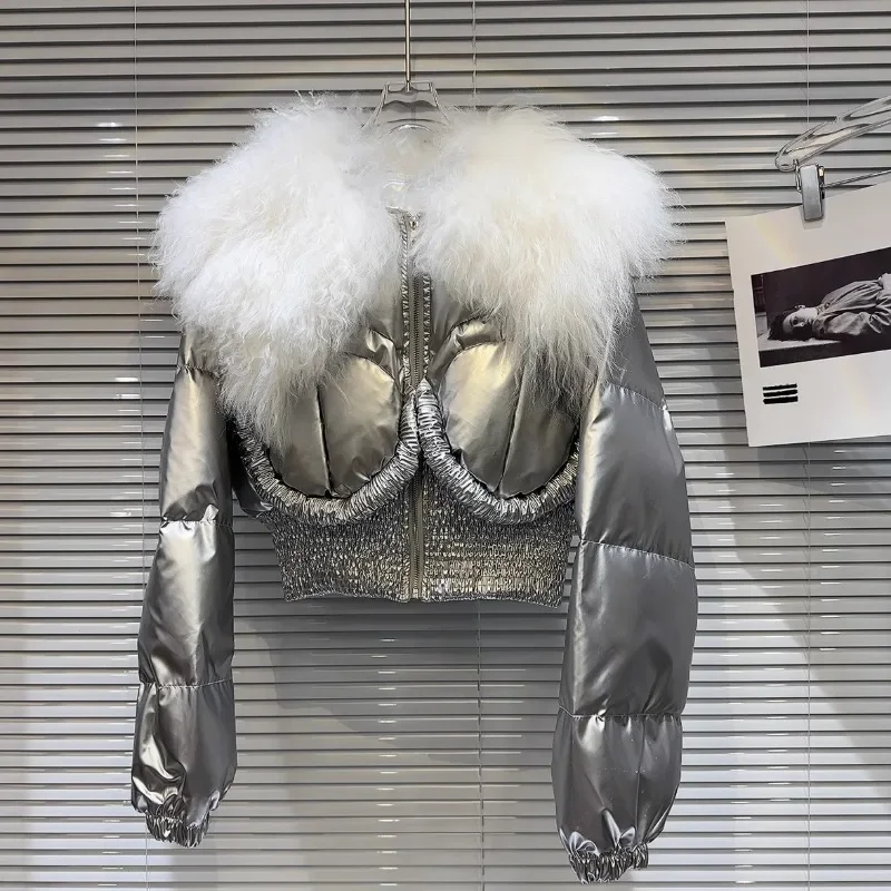 2023 Winter New Style Streetwear Hot Girl Big Lamb Fur Collar Space Glossy Warm Short Waist Down Jacket Coat Jaquetas Feminina