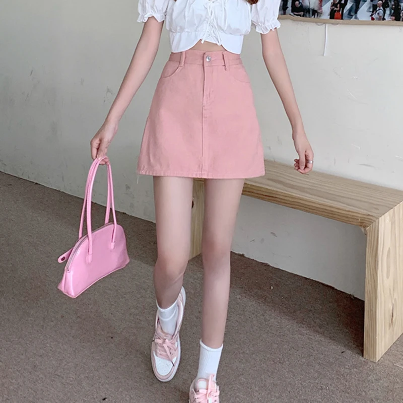 JMPRS Cute Pink Women Denim Skirt Korean High Waist A Line Fashion Designed Summer Jeans Mini Skirts Casual Slim Ladies Skirt white pleated skirt