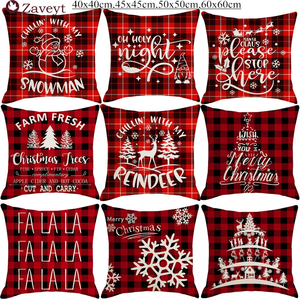 

Classic Lattice Plaid Christmas Wreath Snowman Elk Cushion Cover Linen Decorative Pillow Case 40*40cm/45*45cm/50*50cm/60*60cm