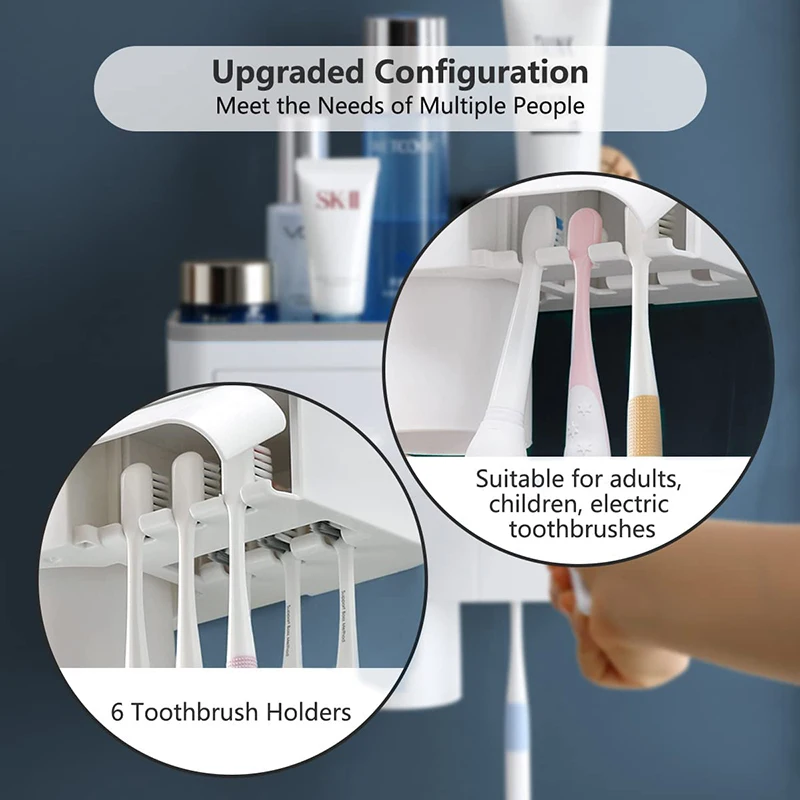 Toothpaste Dispenser Bathroom Accessories Set WIKHOSTAR Multifunction Toothpaste Dispenser Magnetic Adsorption Inverted Toothbrush Holder Storage Rack Bathroom Accessories