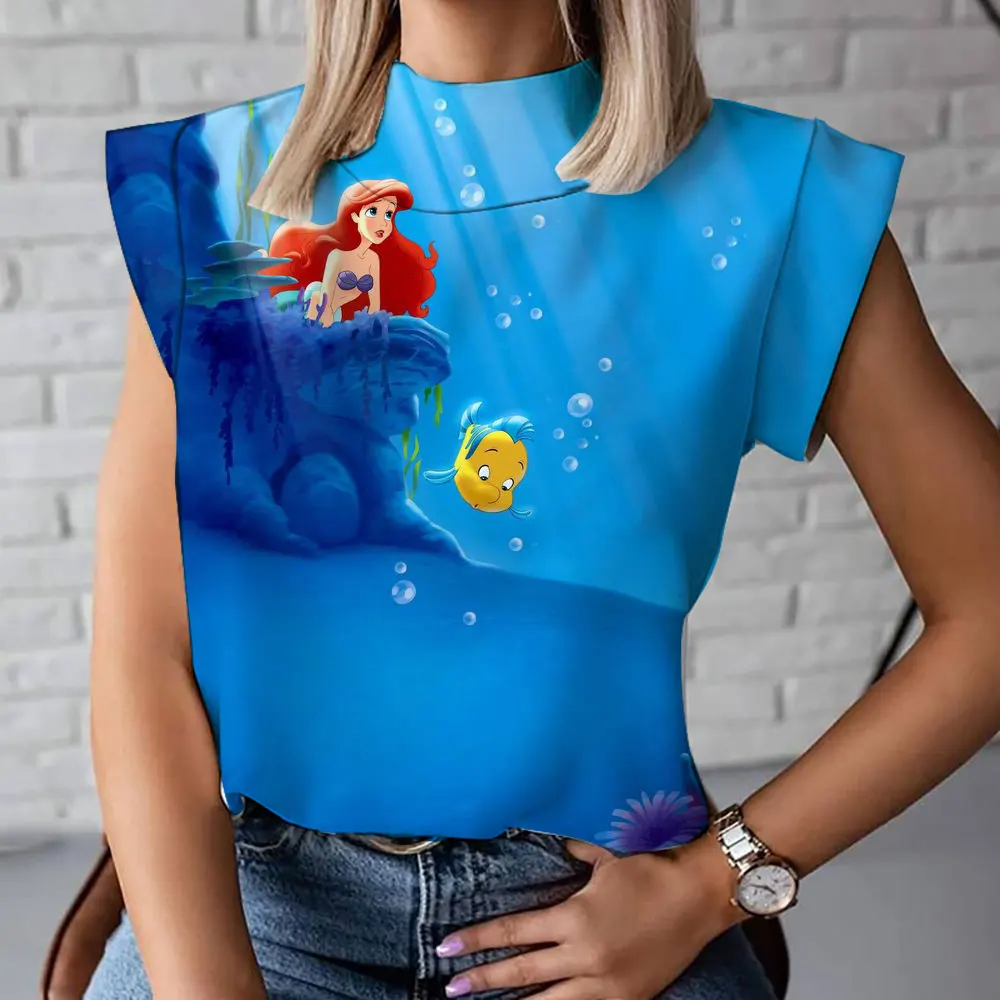 

2023 Ariel Mermaid Cartoon Print Summer New Harajuku Casual Versatile Women's High-end Turtle Neck T-Shirt Vest Bottoming Shirt