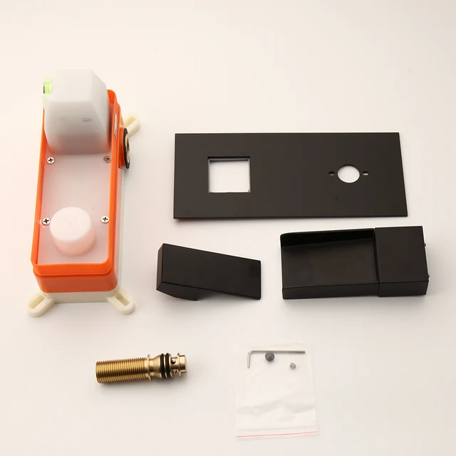 Kemaidi ก๊อกน้ำอ่างน้ำสีดำด้านฝังกล่องวาล์วก๊อกน้ำซิงค์ห้องน้ำติดผนังมือจับเดี่ยวน้ำตกผสมก๊อก 4