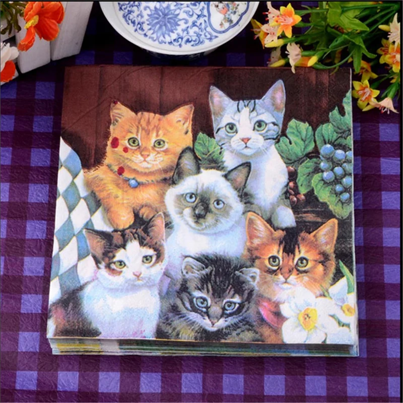 20Pcs/Bag Napkins Paper Cats Decoupage Napkin Paper Tissue for Xmas Wedding Decor Party Table