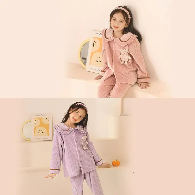 

Girls' Pajamas Autumn And Winter New Set Island Velvet Soft Warm Cute Home Wear Long Sleeved Pants Flannel Nightgown Zhongda Ton