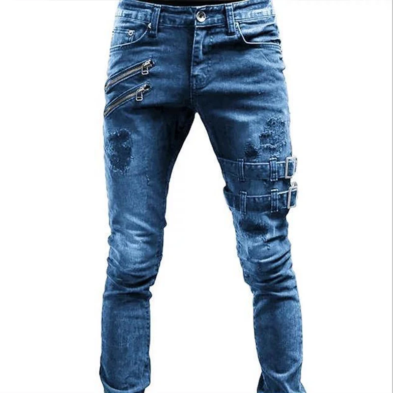 Streetwear Hommes Jean Bleu Clair Détruit Coupe Mi... - Grandado