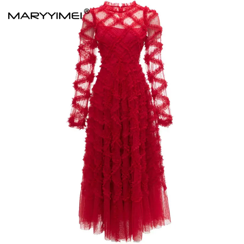 

Модное дизайнерское осеннее женское платье MARYYIMEI с длинными рукавами, клетчатое Сетчатое приталенное элегантное платье в виде грибка съедобного дерева