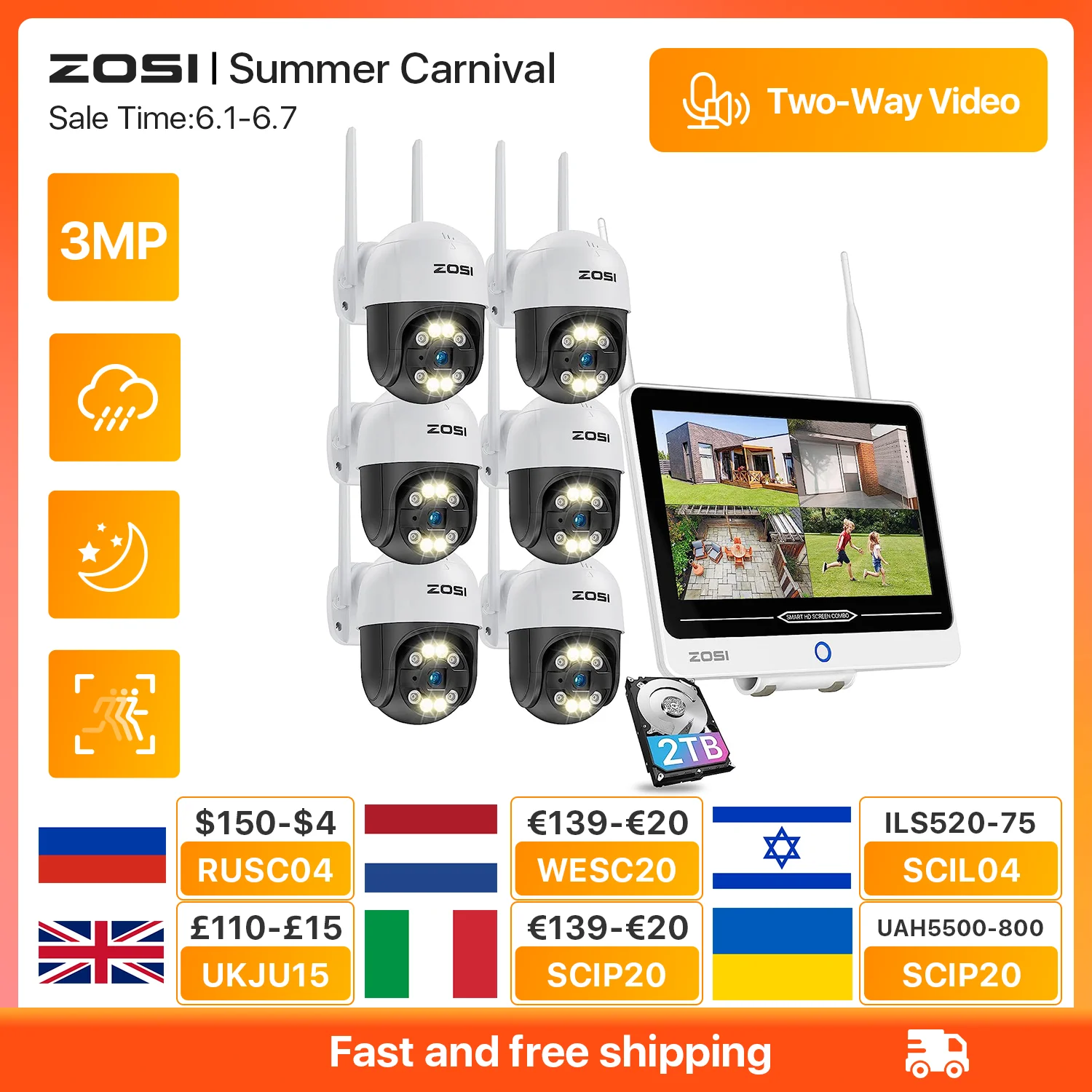 ZOSI 3MP Wireless PTZ Camera System 12.5 inch LCD Monitor 2K HD Wifi IP Security Cameras 8CH CCTV Set Video Surveillance Kit