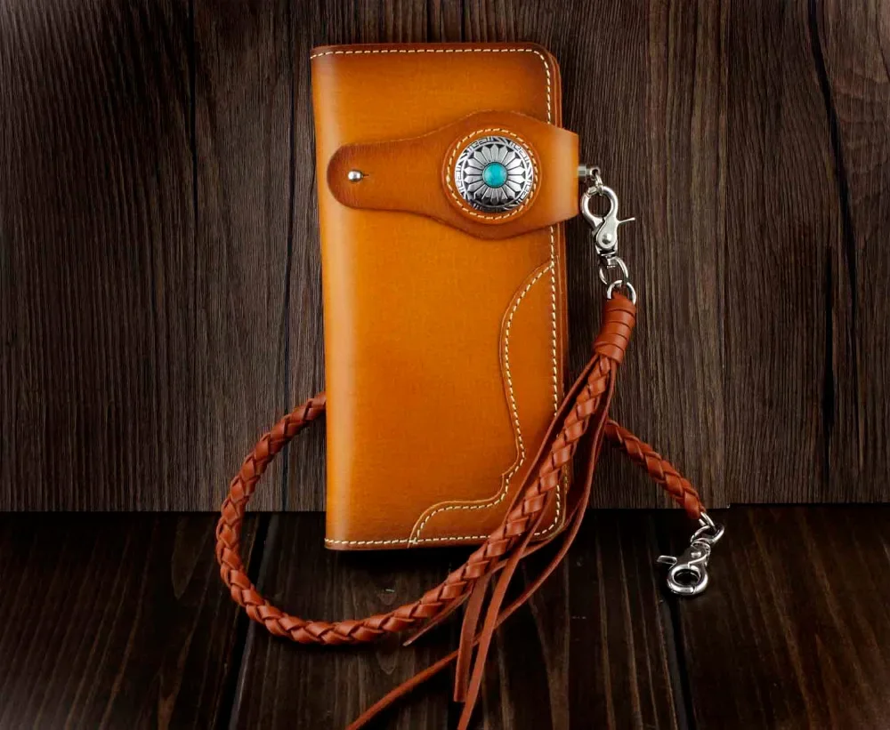 Handmade Leather Mens Chain Biker Wallet Cool Long Leather Wallet With