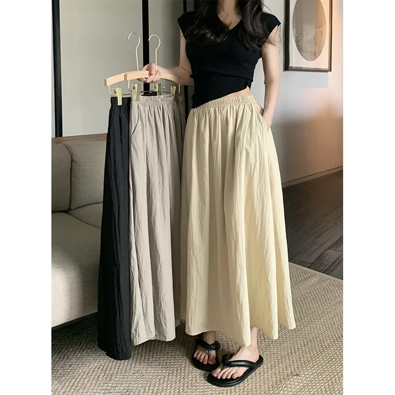 Women Solid Color A Line Pleated Skirt for Spring Autumn