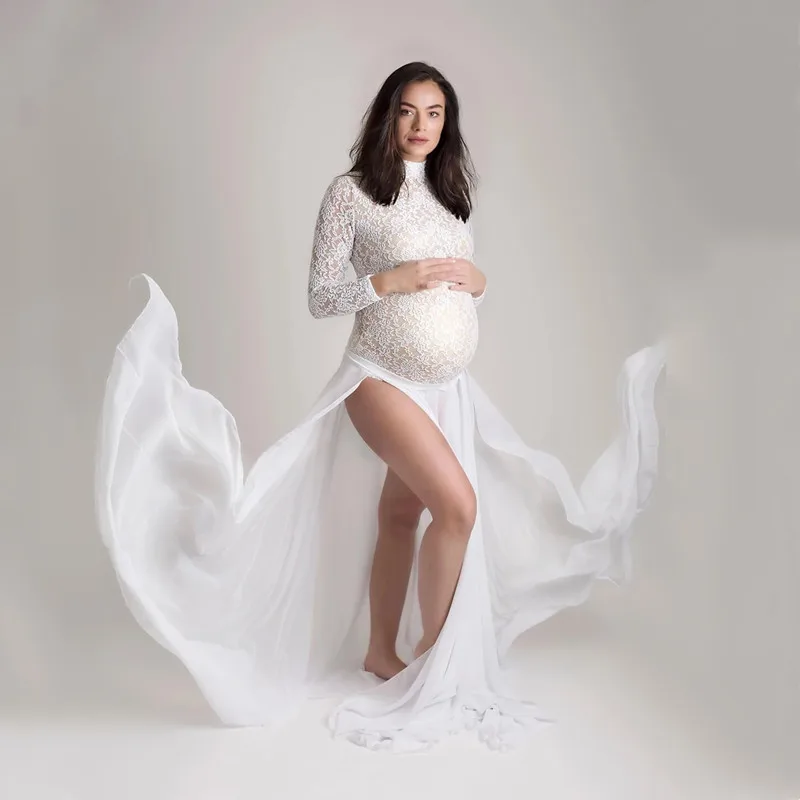 Umstandskleider für Fotoshootings, langärmeliger Body + hoch geteiltes Schwangerschafts-Maxikleid, Chiffonkleid, Babyparty-Fotografie – Detail 6