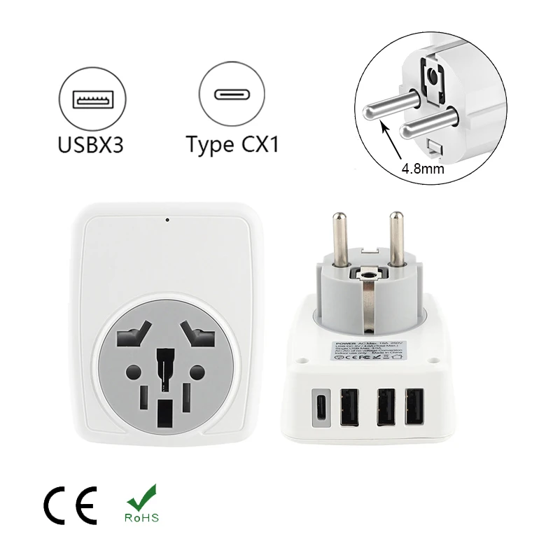 

Universal Wall Outlet With 3 USB and 1 Type-C Port Travel Adapter Wall Socket Extension Power Plug Adapter AC Converter Adaptor