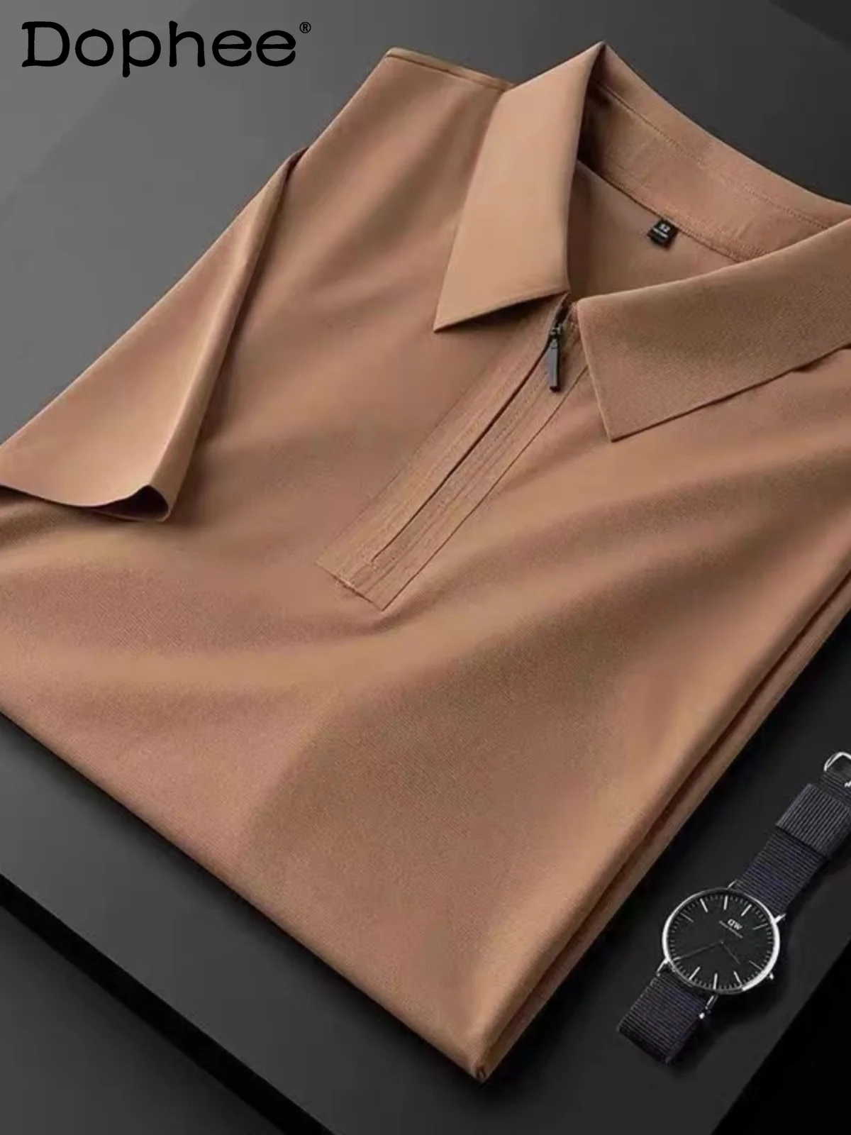 

Summer 2024 Thin Solid Color Lapel Polo Shirts Men's Light Luxury All-Matching Slim Fit Casual Zipper Short Sleeve T-shirt