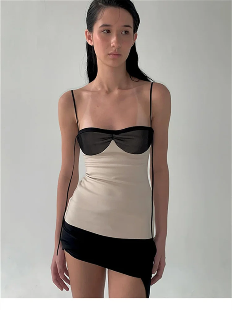 Nibber Patchwork Panelled Women Mini Dress Concise Tassel Wrapped Chest Irregular Backless Super-Short Vestido Trend Streetwear