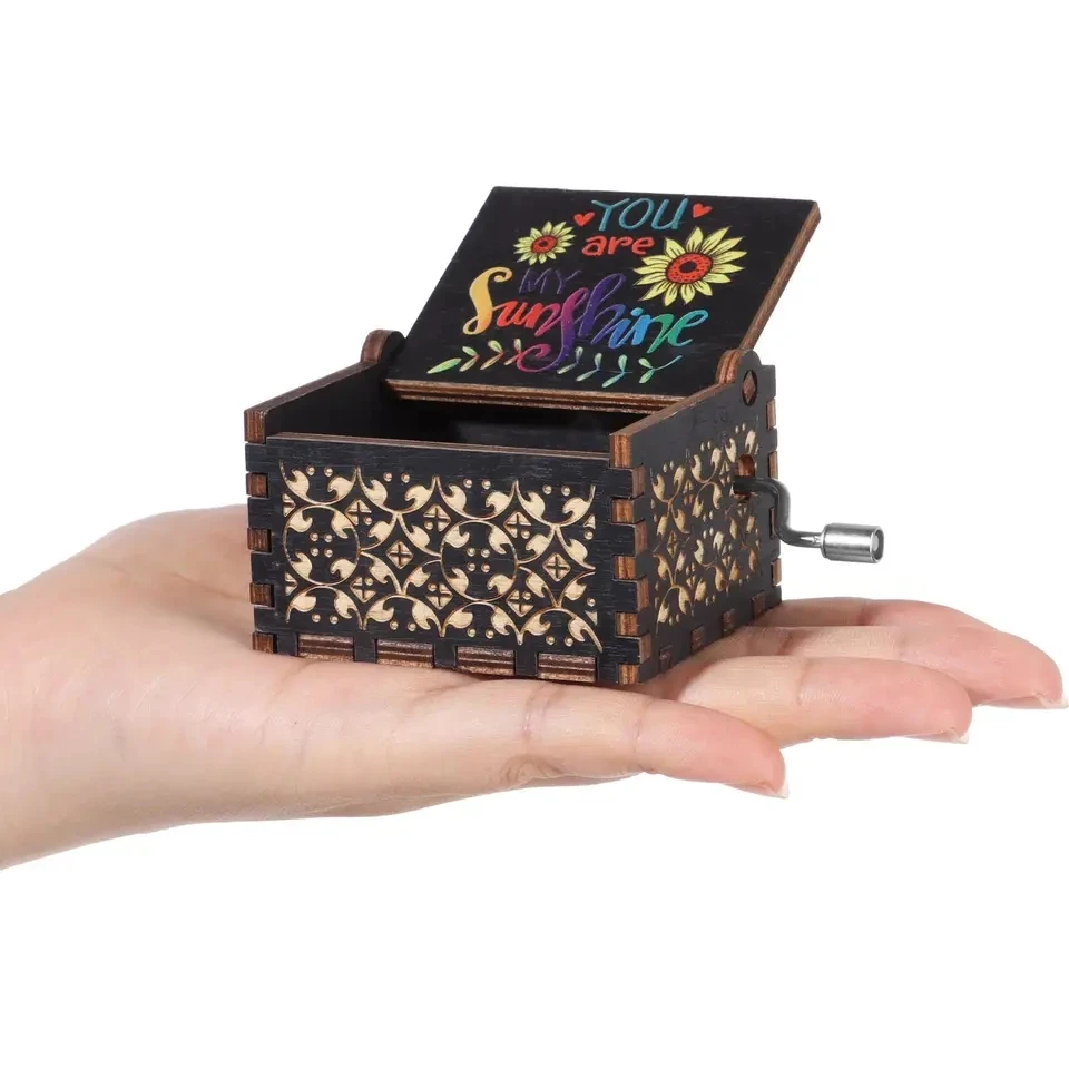 Black Wooden Music Box Hand Cranked Movement You are My Sunshine Gifts for Children Birthday Present  Home Office Decoration 3