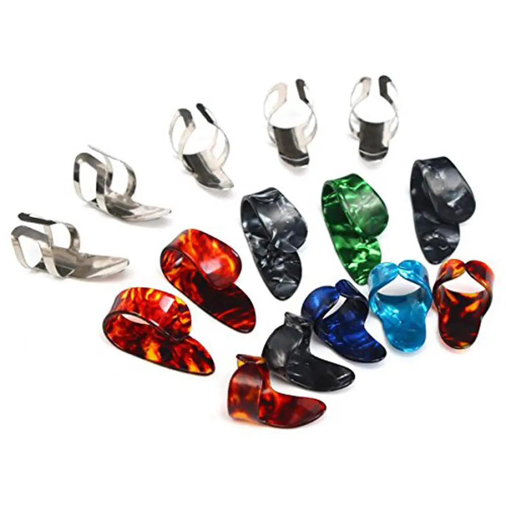 5 Thumb And 10 Finger Stainless Steel Celluloid Plectrums Guitar Picks Set