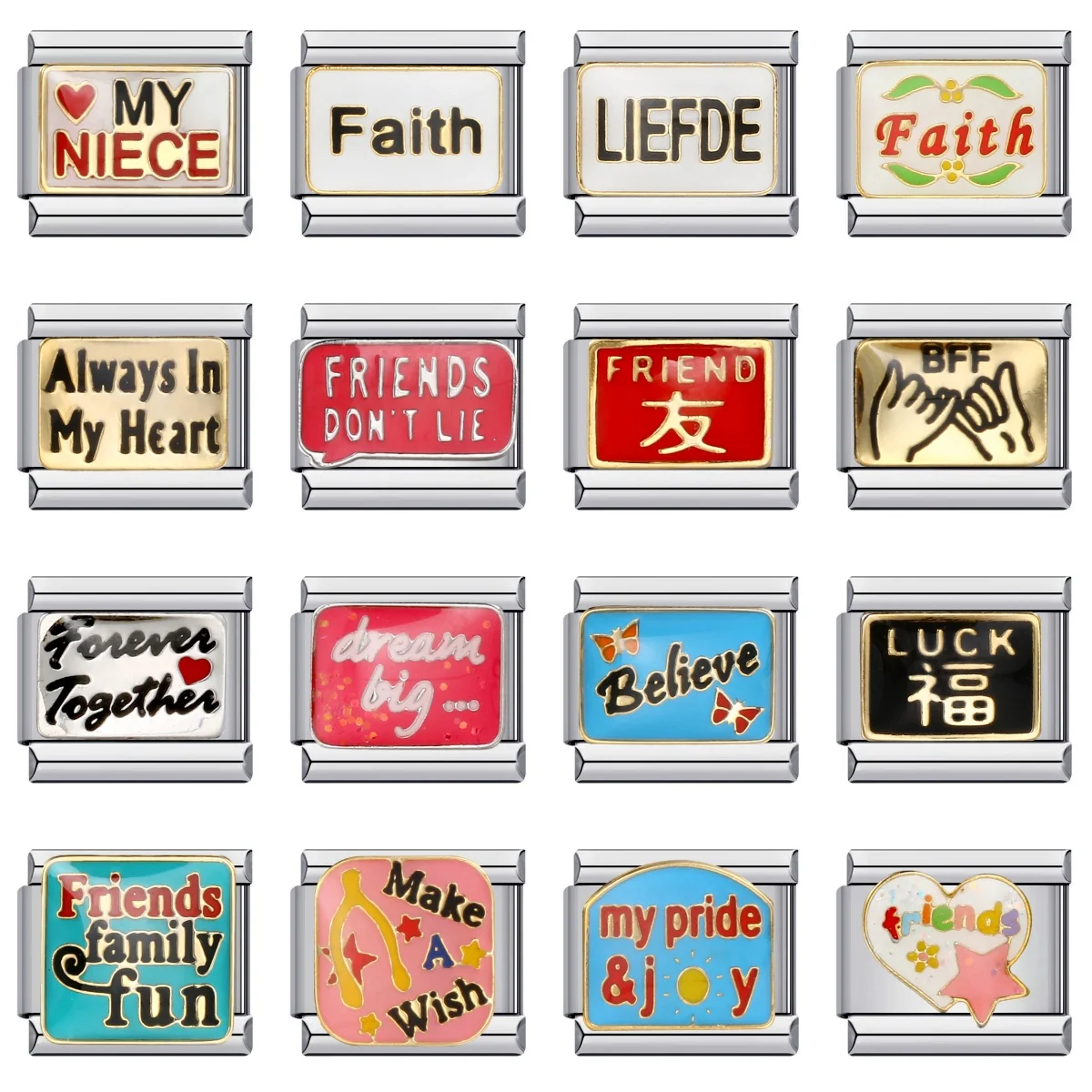 URING Bunte Glasur Mode Lucky Believe Friends Charms Italienische Links 9mm Armbänder Armreif Edelstahl DIY Herstellung von Schmuck
