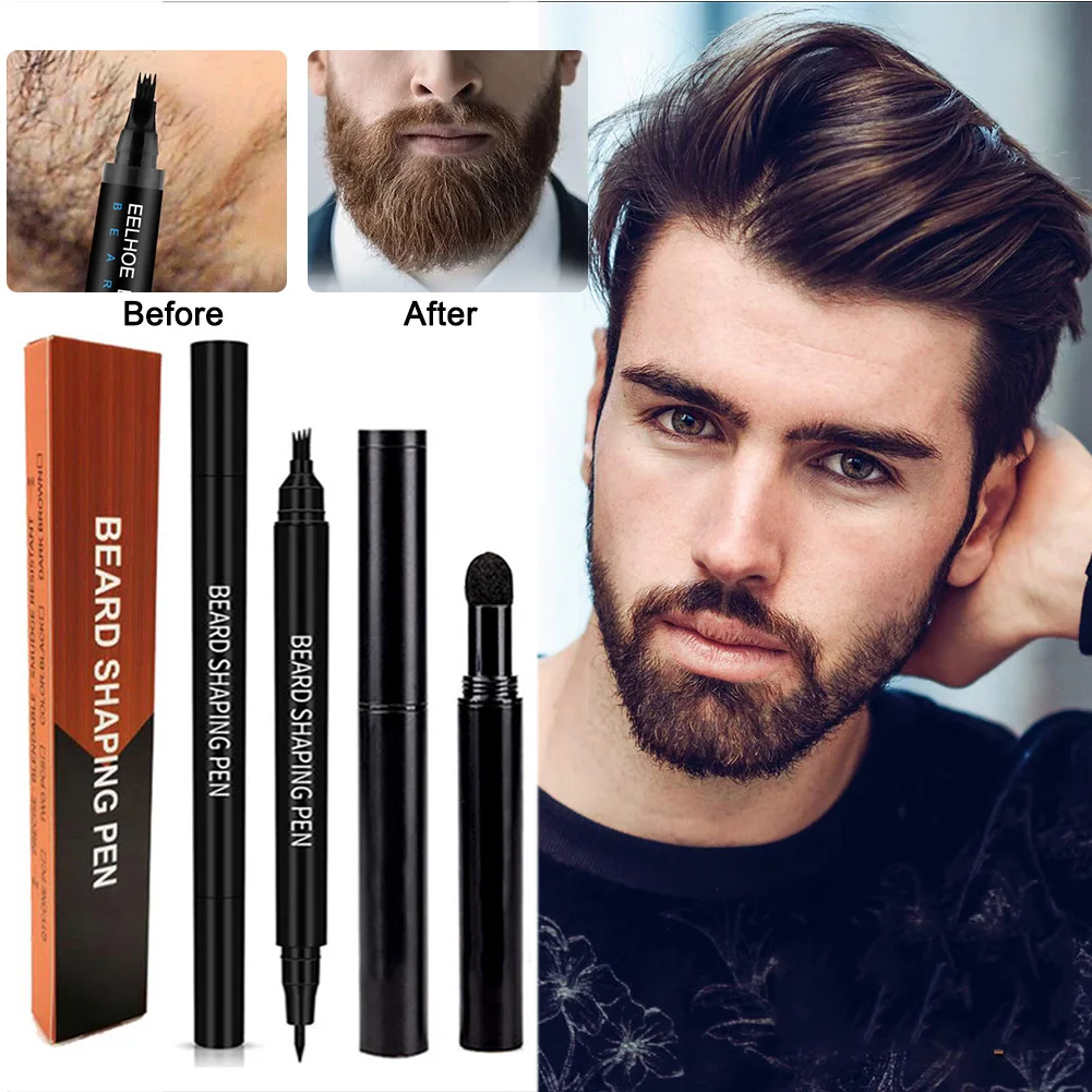 1set Beard Filling Pen Kit Four Prong Beard Filler Pencil With Thickening Powder Male Moustache Repair Coloring Pen