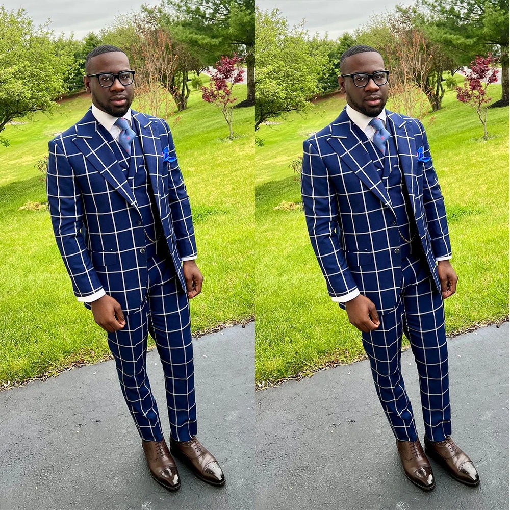 

Blue Men Suit Tailor-Made 3 Pieces Plaid Gentlemen Modern Fashion Wedding Groom Business Causal Prom Coat+Pants Tailored
