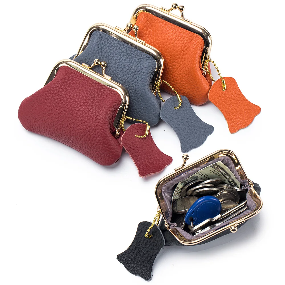 Kiss Lock Clasp Buckle Coin Purse Women First Layer Cowhide Mini Wallet  High Quality Genuine Leather Portable Small Money Bag
