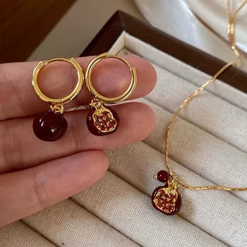 2025 New Trendy Red Pomegranate Pendant Necklace for Women Sweet Cute Fruit Clavicle Chain Charm Earrings Choker Jewelry Gift 1