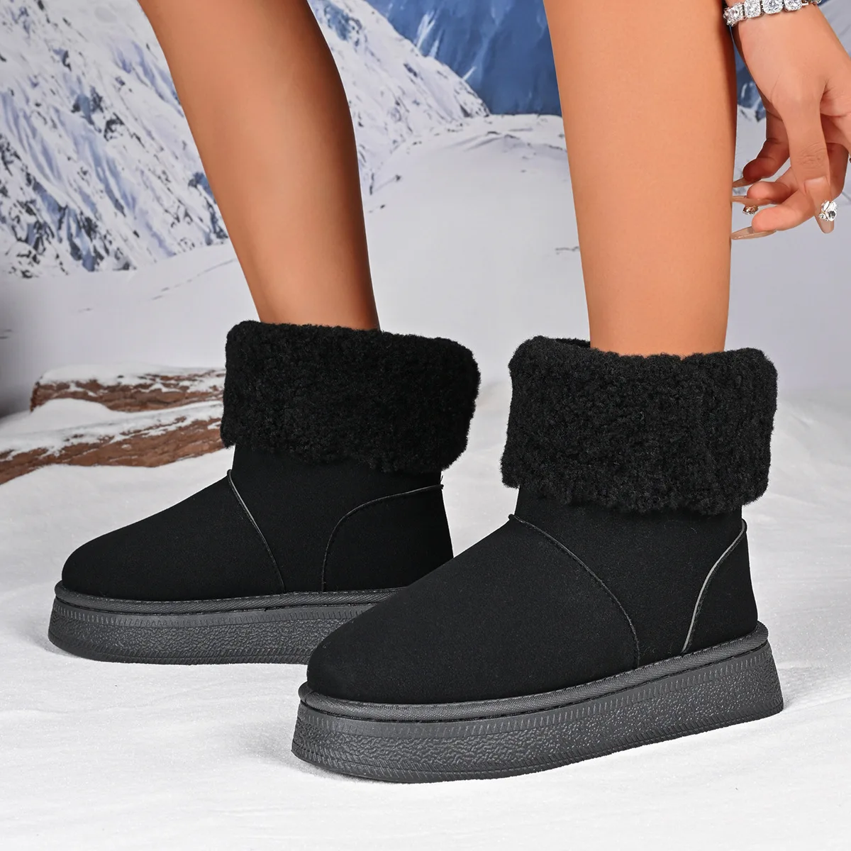 Shoes for Women Winter Women's Boots Black Round Toe Solid Flock Plush Warm Mid Heel Water Proof Casual Snow Boots Women