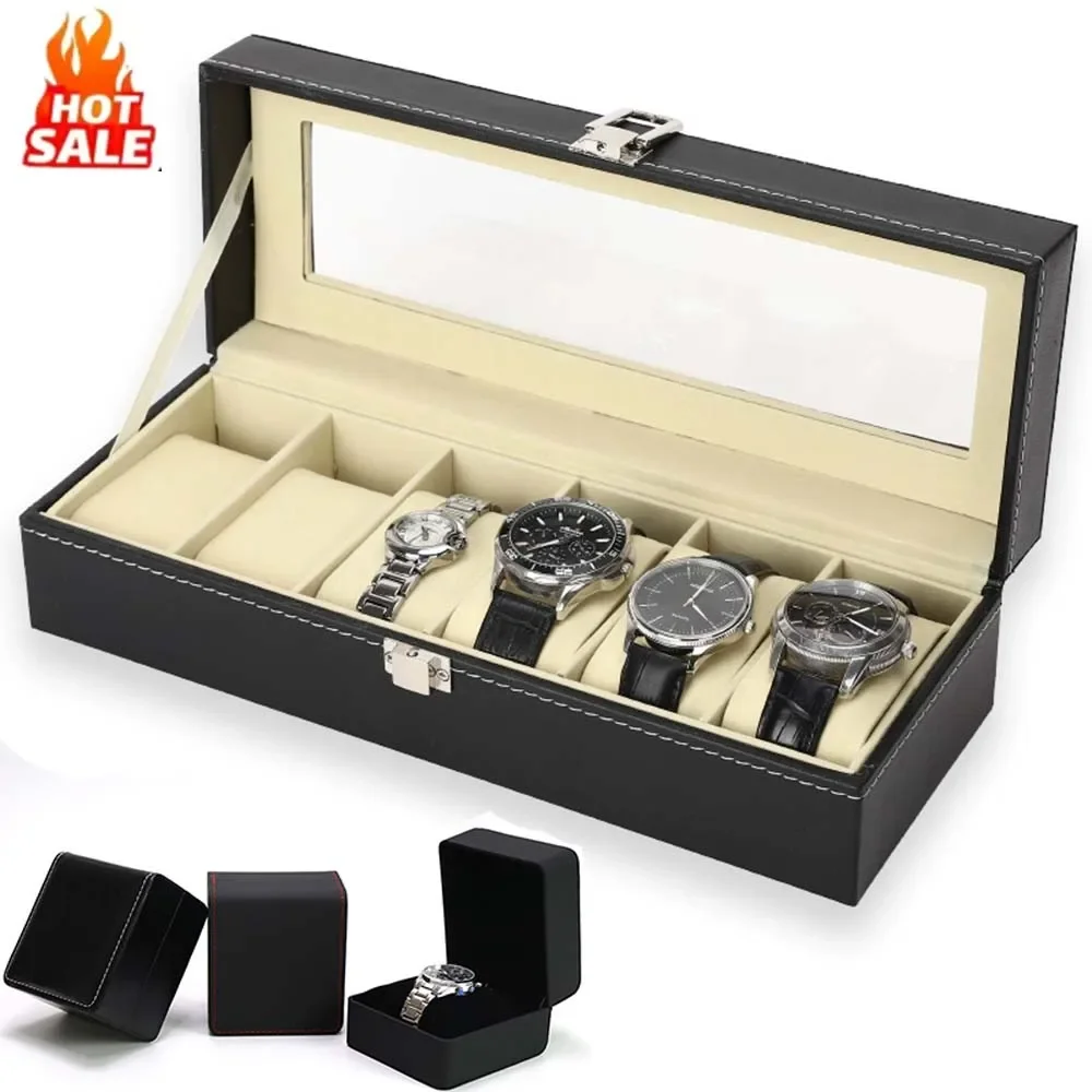 PU Leather Watch Box For Men Watch Display Case With Glass Top
