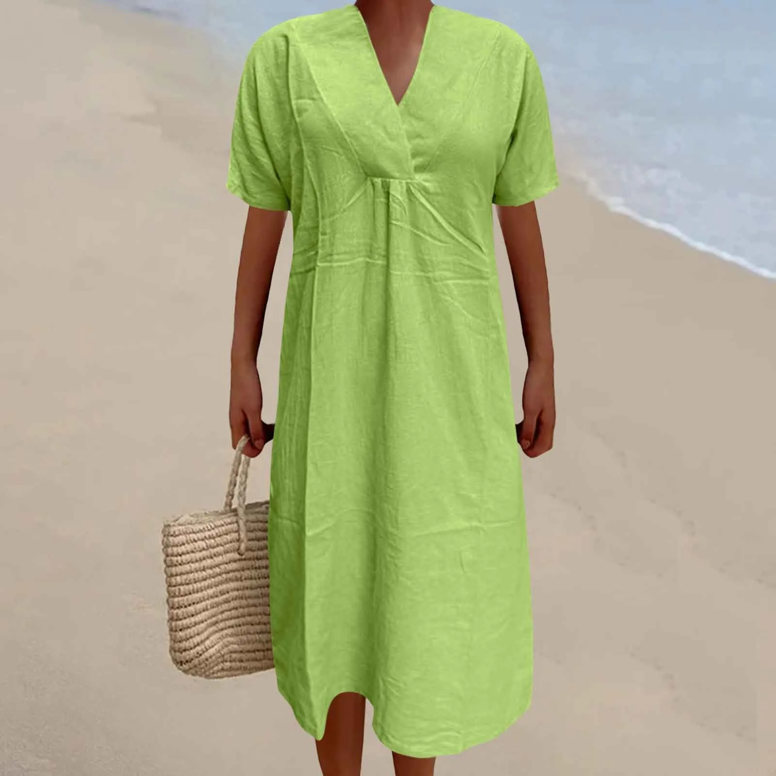 

2024 Summer Women New Fashion Dress Solid Color V Neck Versatile Loose Short Sleeve Long Dress Female Casual Vestidos Robe