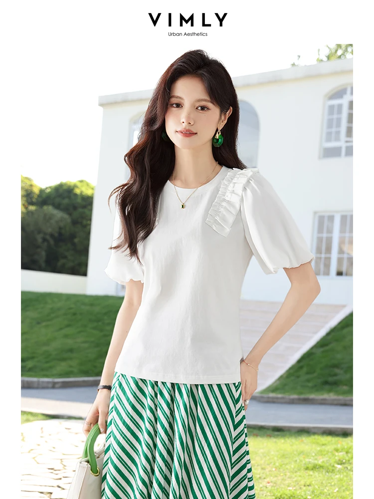 

Vimly Lace Puff Sleeves Short Sleeve Female Summer 2023 Simple Casual O-neck Cotton Slim Office Lady Women Shirt Clothing