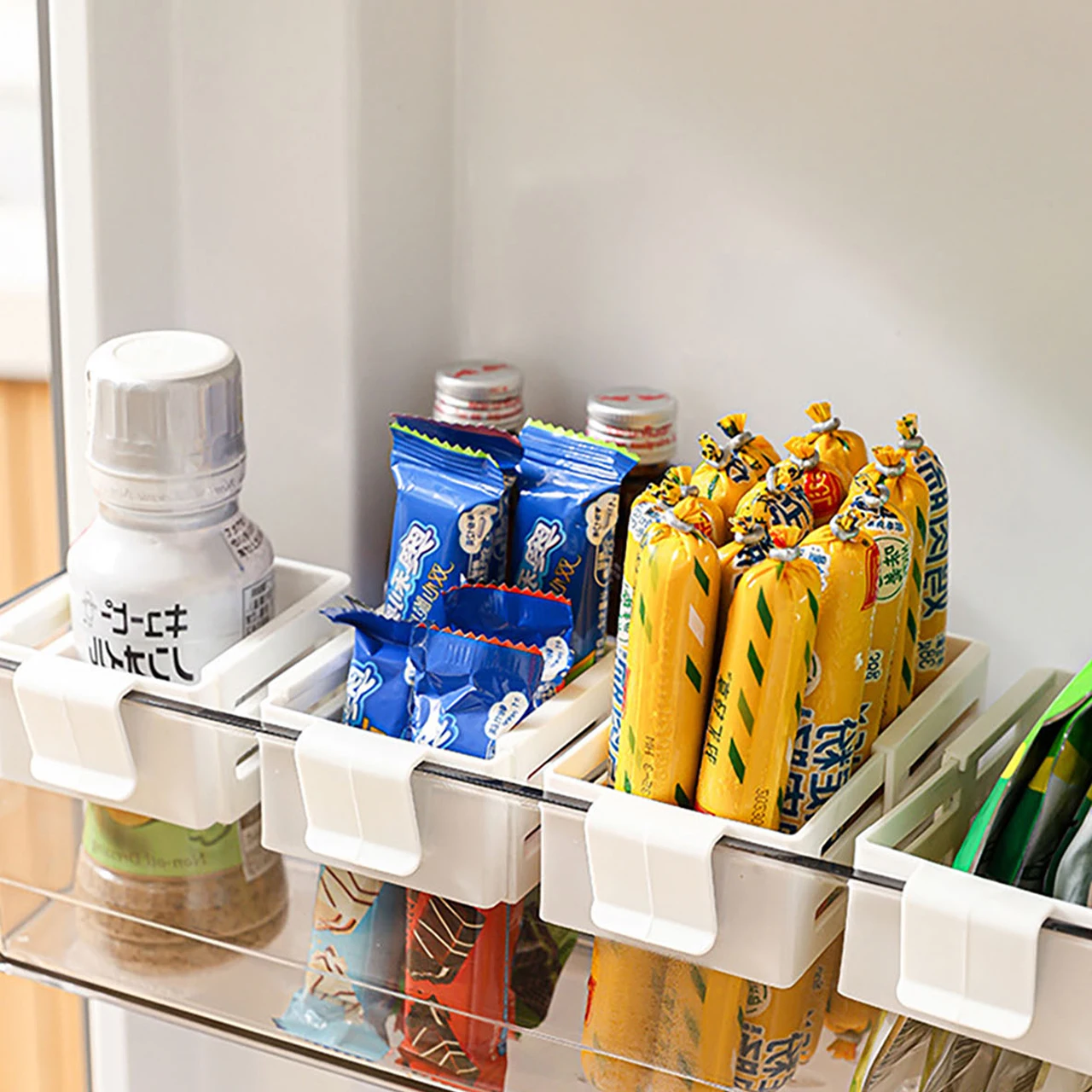 ​Refrigerator Retractable Storage Box Adjustable Fridge Side Door Organizer Rack Snacks Sauce Bag Hanging Basket
