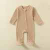 Organic Cotton Baby Rompers Waffle 100% Cotton Infant Boys Girls Jumpsuit Zipper Footed Solid Long-Sleeve Pajamas Sleepsuits 3