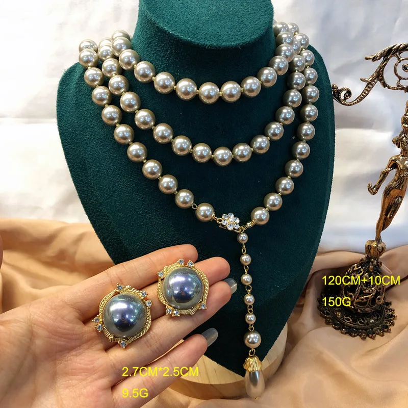 Europe and America vintage Grey Glazed Pearl Long Necklace, Earstuds