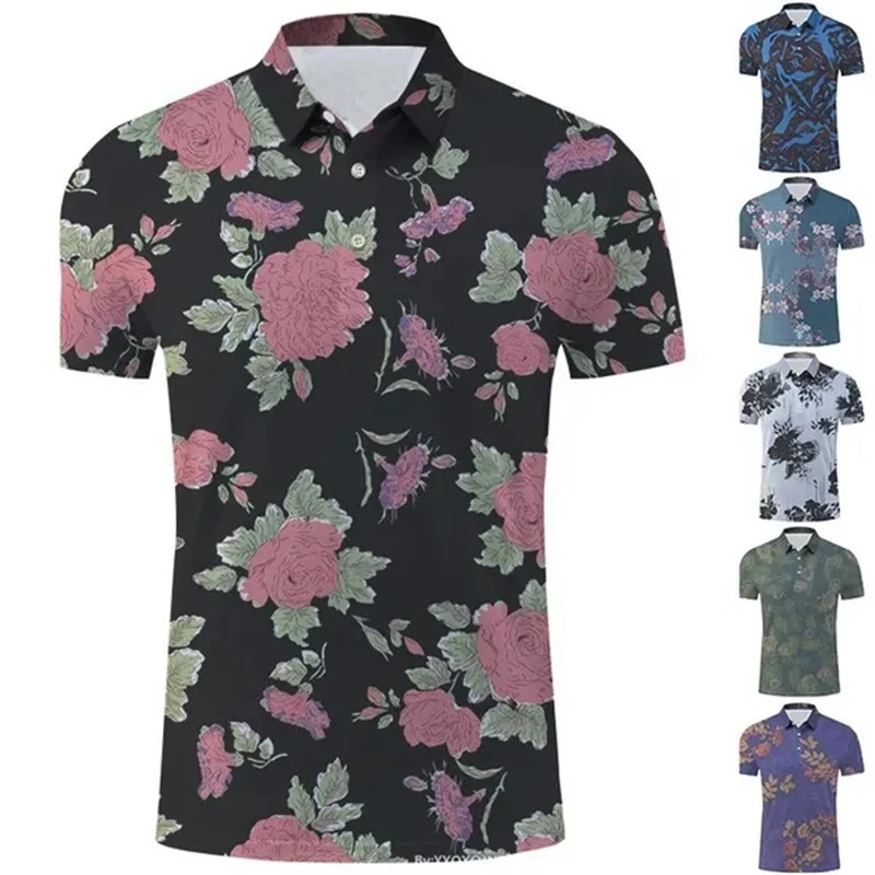 

Summer Polo T Shirt For Men Flower 3D Printed Short Polo Shirts Casual Fashion Lapel Button Tshirt Tees Hombre Ropa Golf Shirt