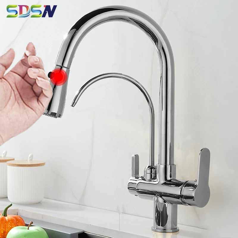 

Хромированный кухонный смеситель, латунный выдвижной кран для горячей и холодной мойки, 3 способа работы, умный сенсор, для кухни