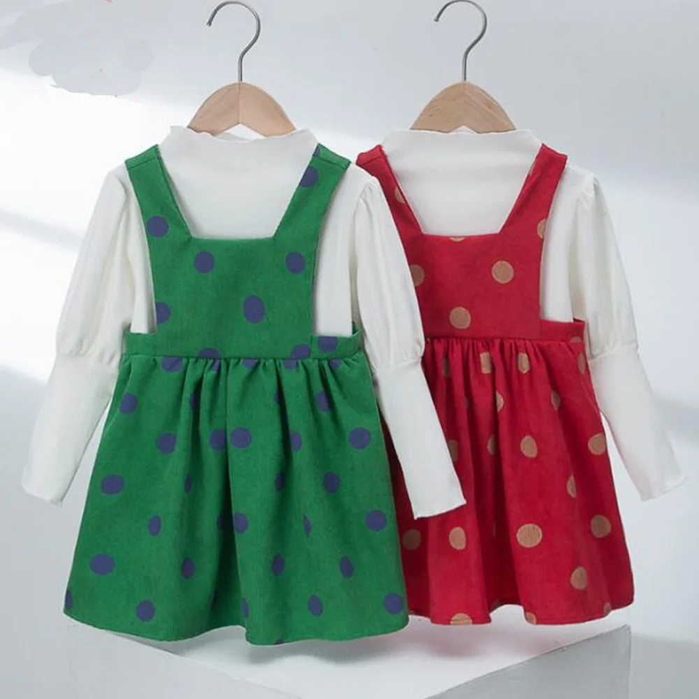 

New Arrival Autumn Girls Clothing Sets Long Sleeve Shirt + Dot Corduroy Dress 2 Pieces Christmas Princess Kids Outfits