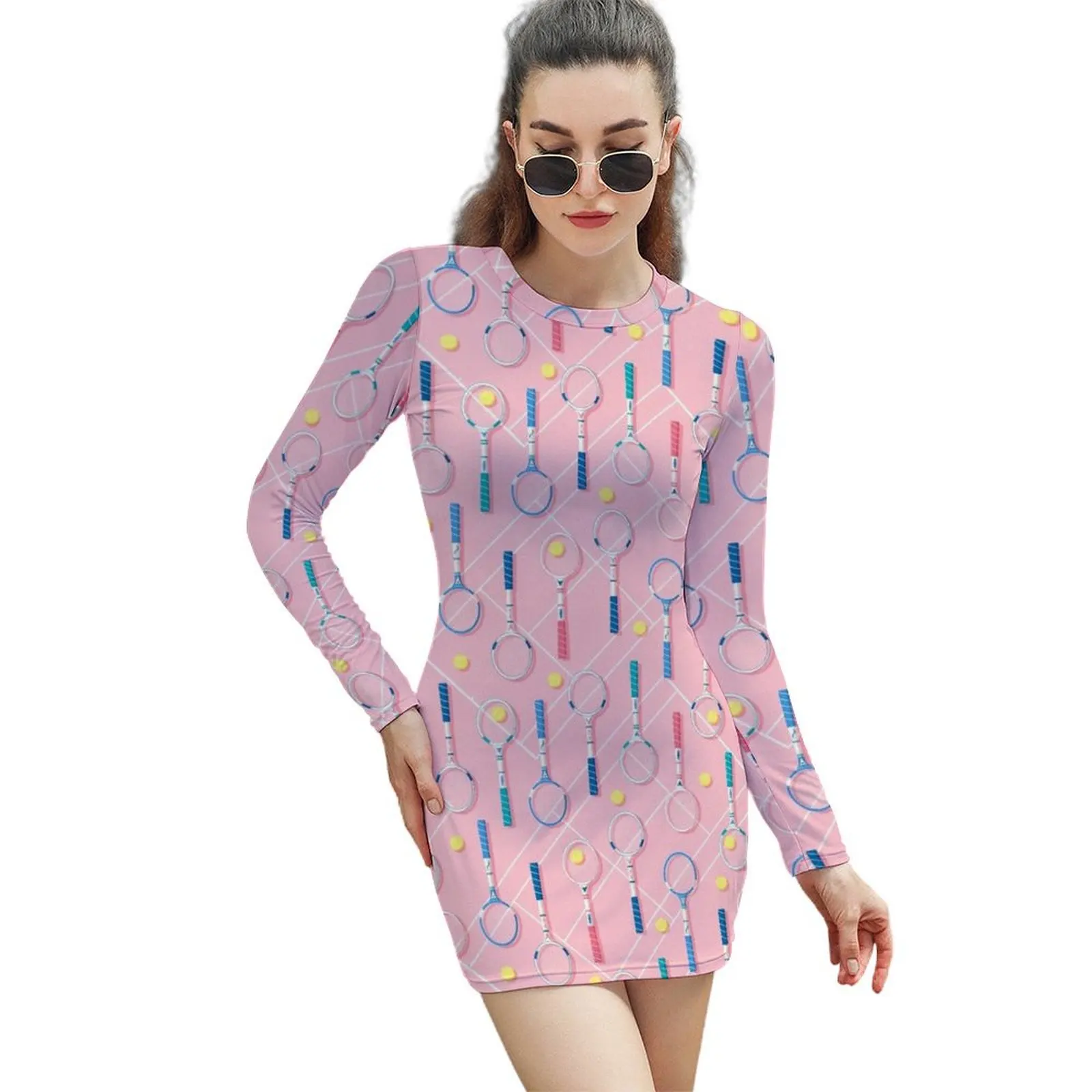 

Decorative Pattern With Vintage Tennis Racquets On Pink Background Long-Sleeved Sheath Dress Bridesmaid dress woman